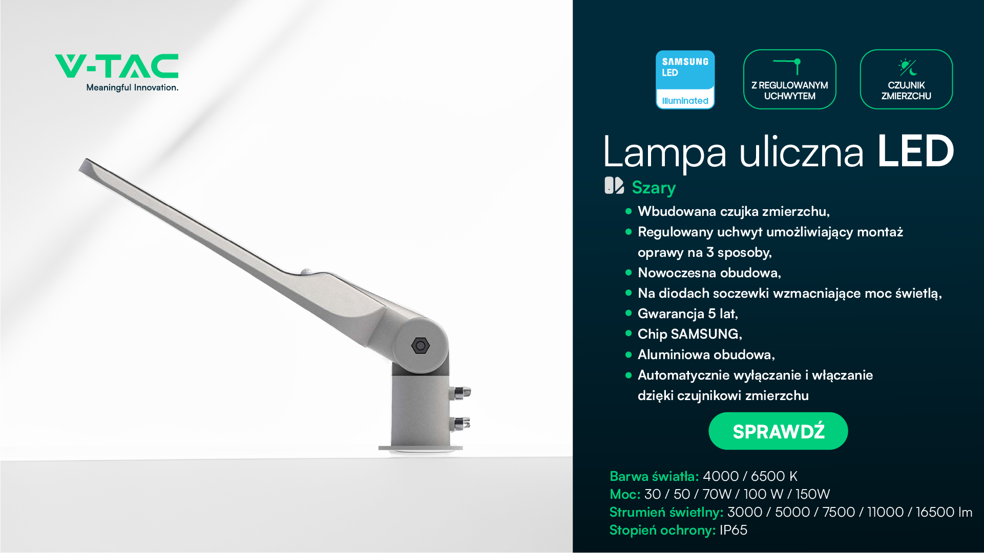 Lampa uliczna LED z regulowanmy uchwytem i czujnikiem zmierzchu